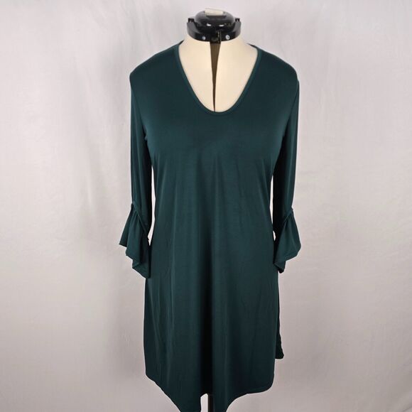 Lark & Ro Dress Women's L Green Long Bell Sleeve Ruffles Fit & Flare - Picture 1 of 16